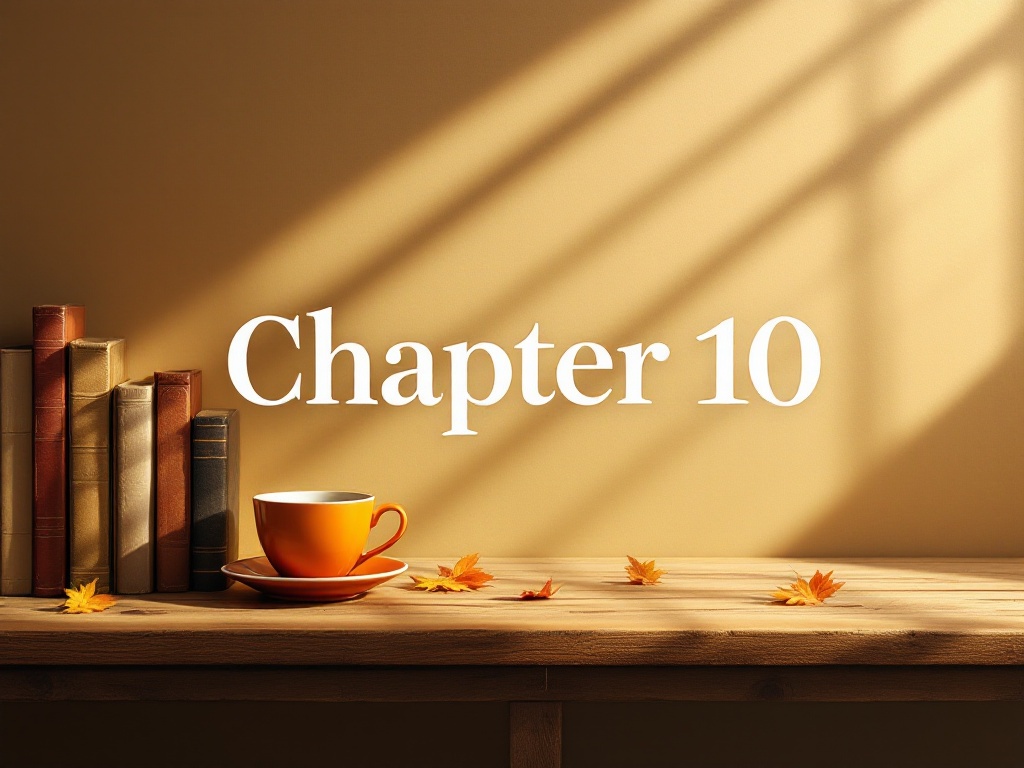 This is a desk under warm light with some books and an orange cup and saucer on the far left side with the words 'Chapter 10' in the center