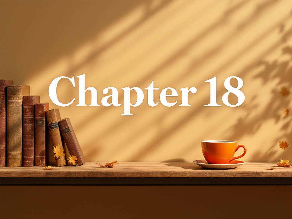 This is a desk under warm light with some books and an orange cup and saucer on the far left side with the words 'Chapter 18' in the center