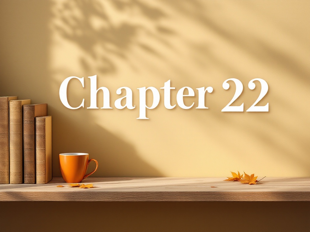 This is a desk under warm light with some books and an orange cup and saucer on the far left side with the words 'Chapter 22' in the center