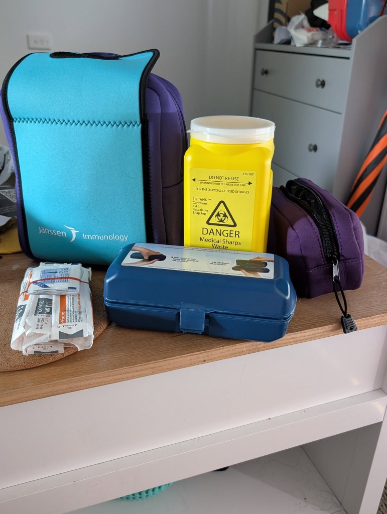 A variety of supplies for injectable medication, a significant life disruption to the author