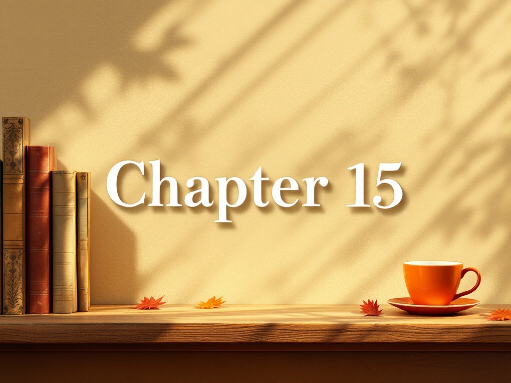 This is a desk under warm light with some books and an orange cup and saucer on the far left side with the words 'Chapter 15' in the center
