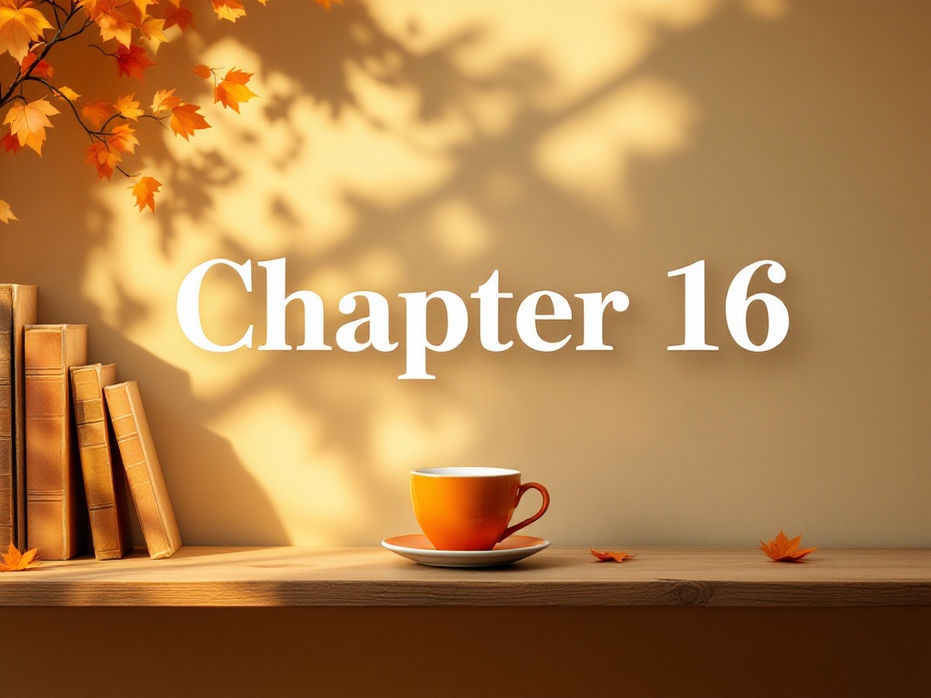 This is a desk under warm light with some books and an orange cup and saucer on the far left side with the words 'Chapter 16' in the center