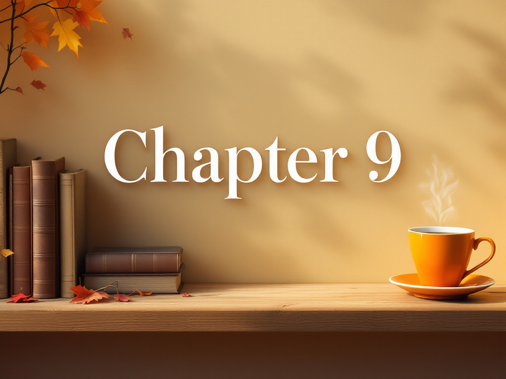 This is a desk under warm light with some books and an orange cup and saucer on the far left side with the words 'Chapter 9' in the center