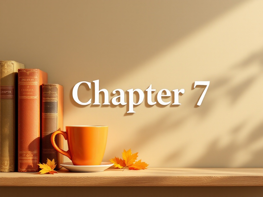 This is a desk under warm light with some books and an orange cup and saucer on the far left side with the words 'Chapter 7' in the center