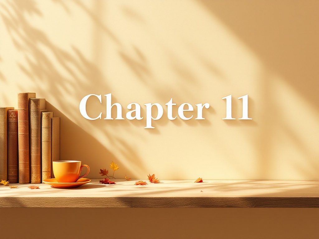 This is a desk under warm light with some books and an orange cup and saucer on the far left side with the words 'Chapter 11' in the center