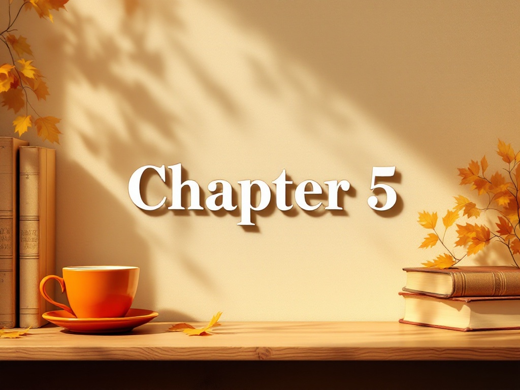 This is a desk under warm light with some books and an orange cup and saucer on the far left side with the words 'Chapter 5' in the center