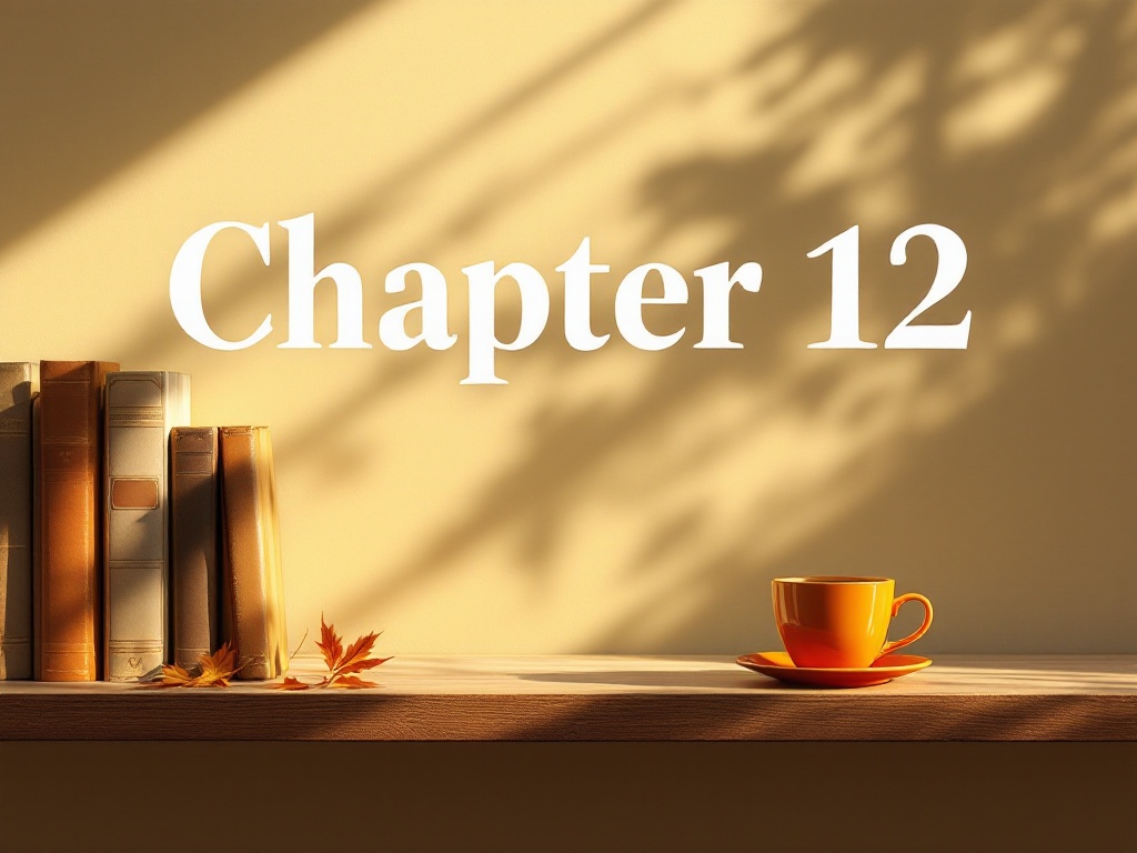 This is a desk under warm light with some books and an orange cup and saucer on the far left side with the words 'Chapter 12' in the center