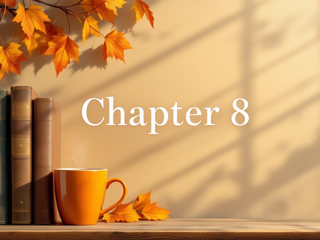This is a desk under warm light with some books and an orange cup and saucer on the far left side with the words 'Chapter 8' in the center