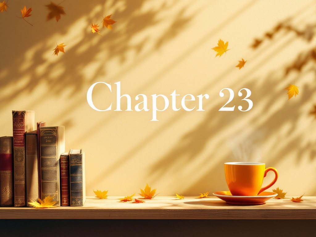 This is a desk under warm light with some books and an orange cup and saucer on the far left side with the words 'Chapter 23' in the center