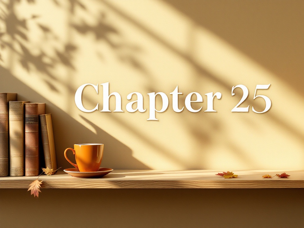 This is a desk under warm light with some books and an orange cup and saucer on the far left side with the words 'Chapter 25' in the center