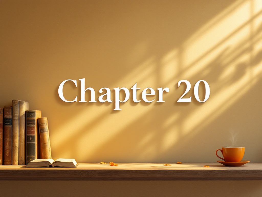 This is a desk under warm light with some books and an orange cup and saucer on the far left side with the words 'Chapter 20' in the center