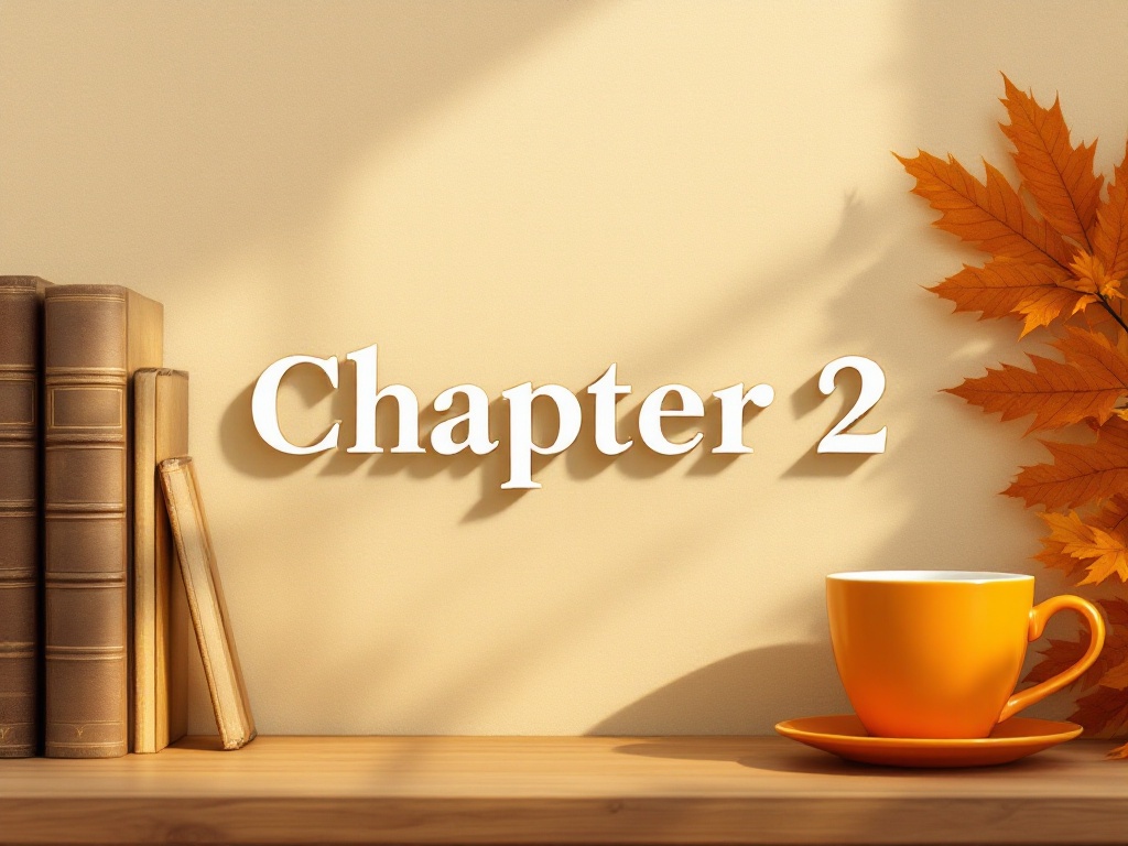 This is a desk under warm light with some books and an orange cup and saucer on the far left side with the words 'Chapter 2' in the center