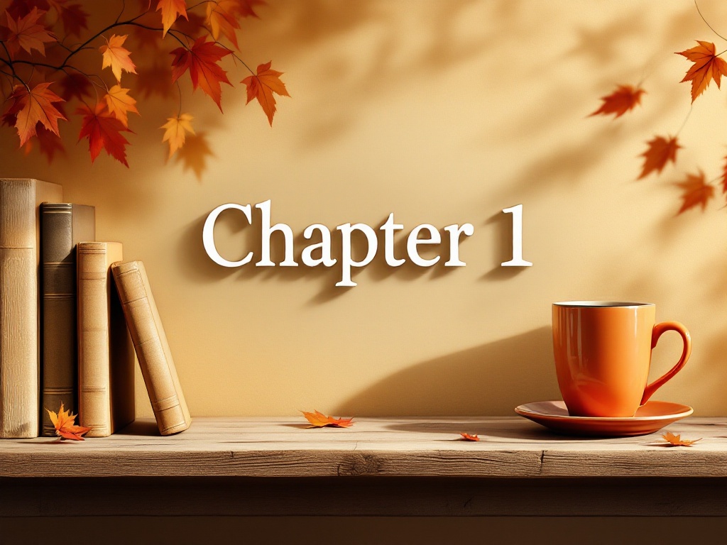 This is a desk under warm light with some books and an orange cup and saucer on the far left side with the words 'Chapter 1' in the center