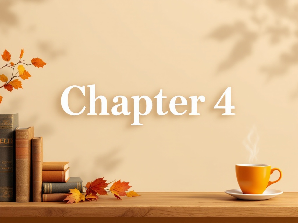 This is a desk under warm light with some books and an orange cup and saucer on the far left side with the words 'Chapter 4' in the center