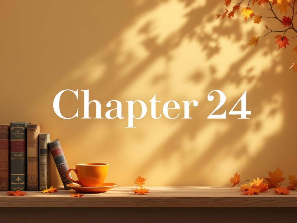 This is a desk under warm light with some books and an orange cup and saucer on the far left side with the words 'Chapter 24' in the center