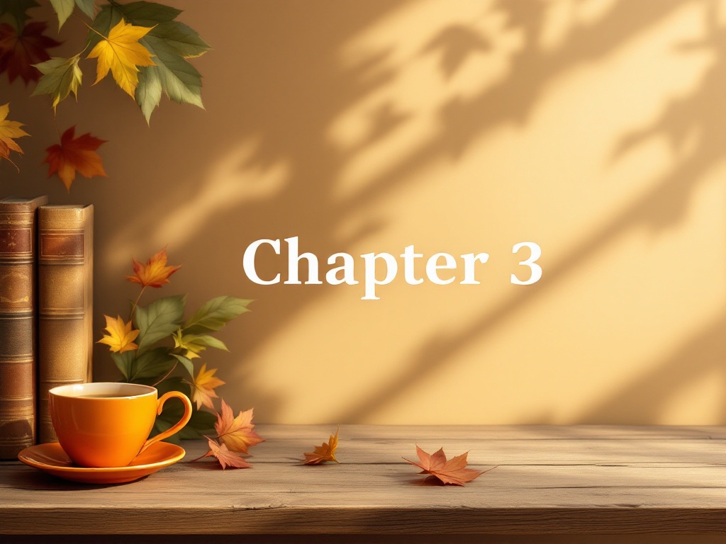 This is a desk under warm light with some books and an orange cup and saucer on the far left side with the words 'Chapter 3' in the center