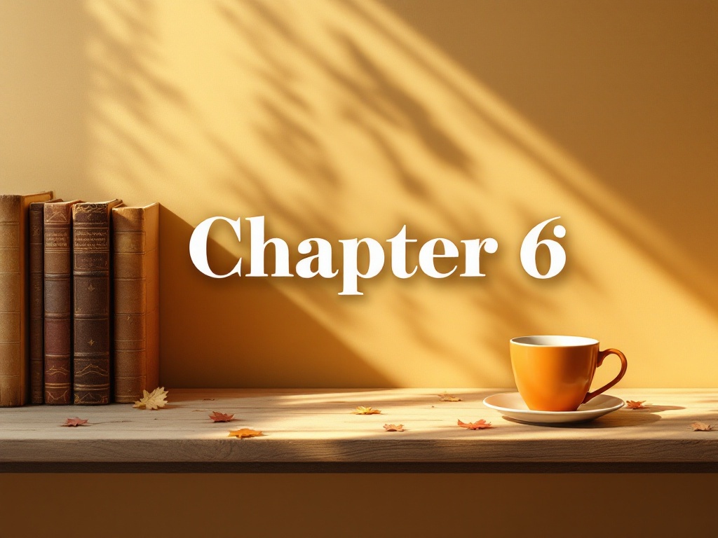 This is a desk under warm light with some books and an orange cup and saucer on the far left side with the words 'Chapter 6' in the center
