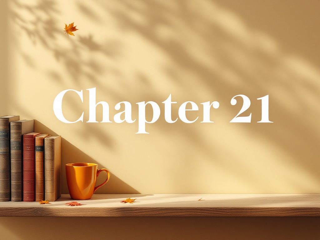 This is a desk under warm light with some books and an orange cup and saucer on the far left side with the words 'Chapter 21' in the center
