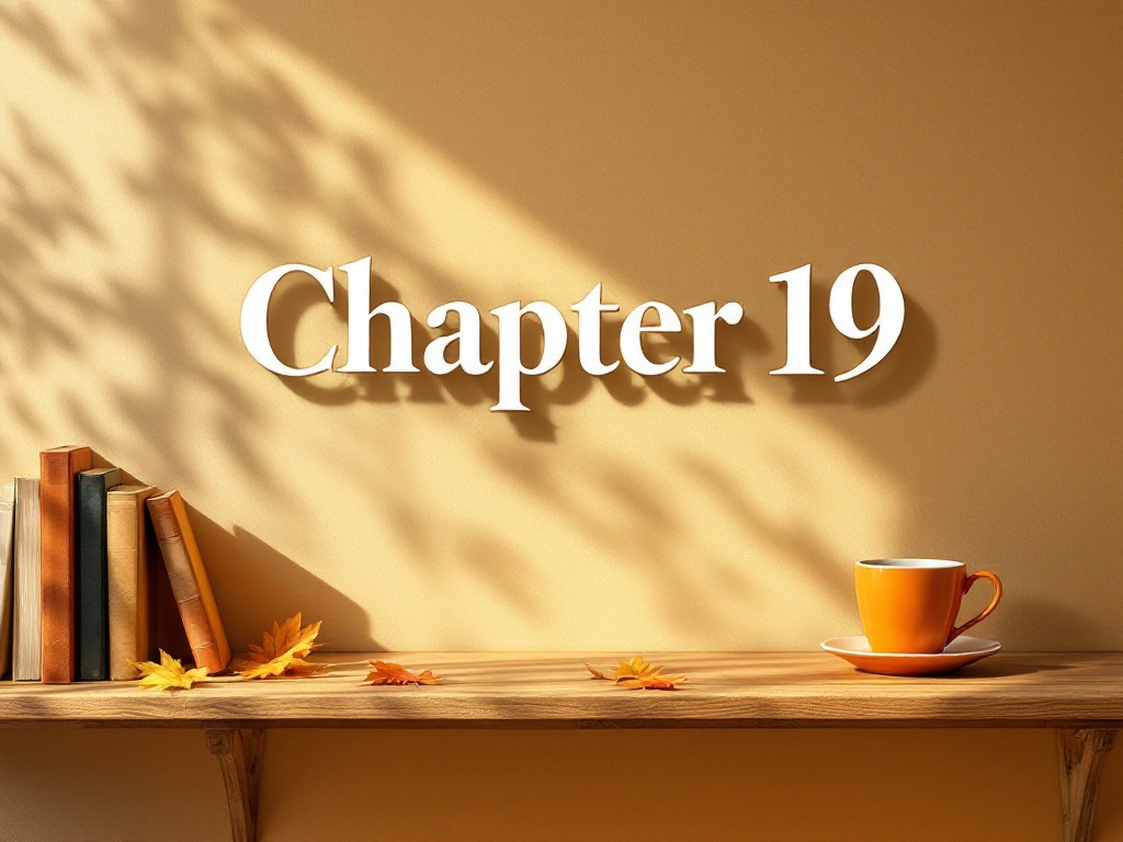 This is a desk under warm light with some books and an orange cup and saucer on the far left side with the words 'Chapter 19' in the center
