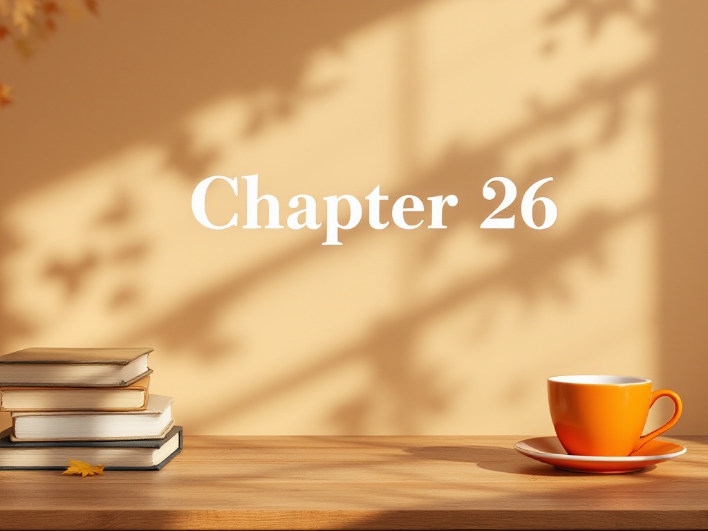 This is a desk under warm light with some books and an orange cup and saucer on the far left side with the words 'Chapter 26' in the center