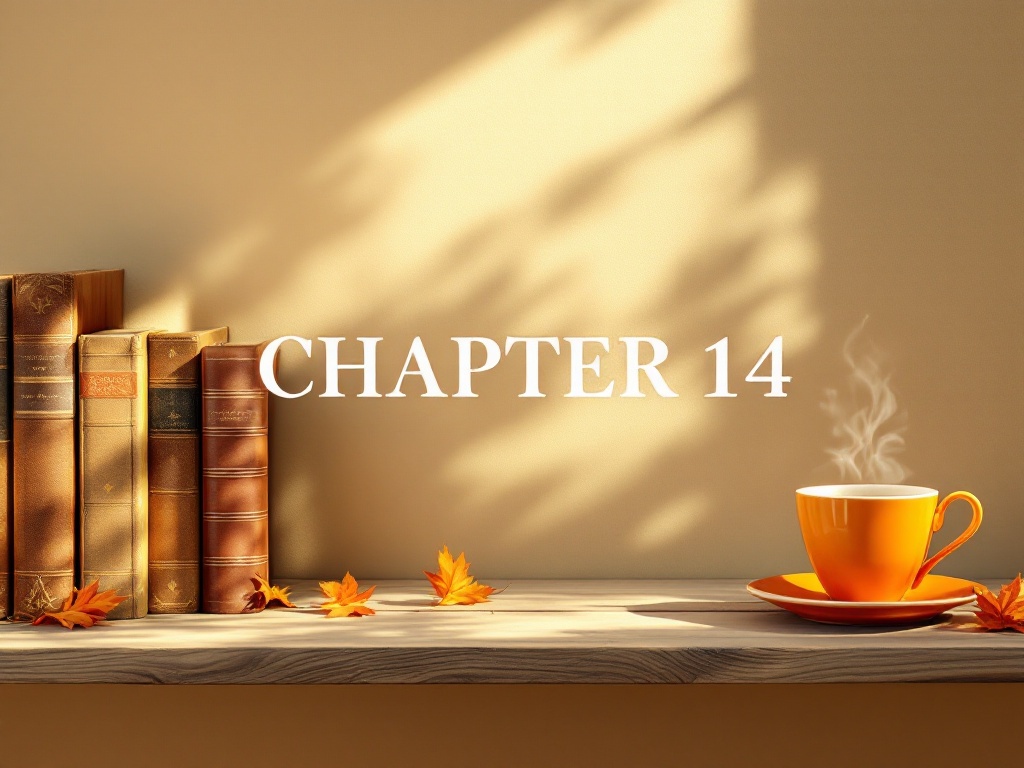 This is a desk under warm light with some books and an orange cup and saucer on the far left side with the words 'Chapter 14' in the center